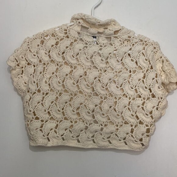 Vintage 90s Crochet Shrug Cream Single Button Cottagecore Boho M - Picture 5 of 6